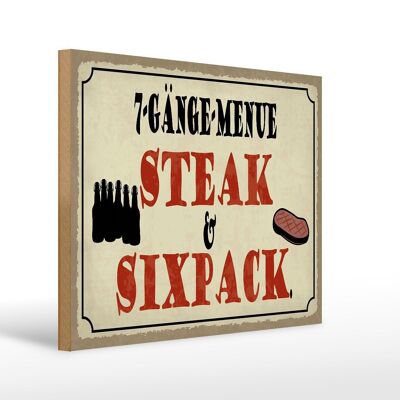 Panneau en bois indiquant 40x30cm, menu à 7 plats, steak, six pack, panneau de grill