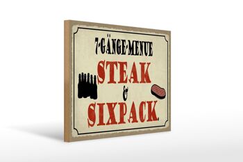 Panneau en bois indiquant 40x30cm, menu à 7 plats, steak, six pack, panneau de grill 1