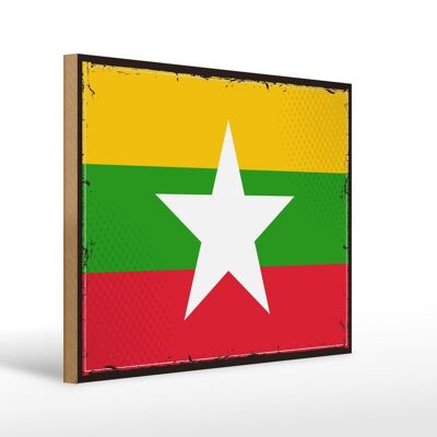 Letrero de madera Bandera de Myanmar 40x30cm Bandera retro de Myanmar Signo