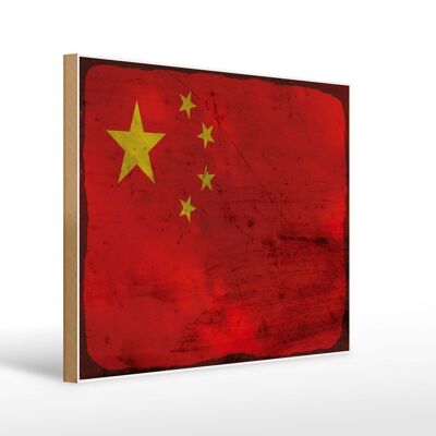 Holzschild Flagge China 40x30cm Flag of China Rost Holz Deko Schild