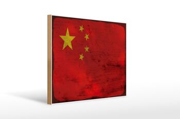Panneau en bois drapeau Chine 40x30cm Drapeau de Chine panneau décoratif en bois rouille 1