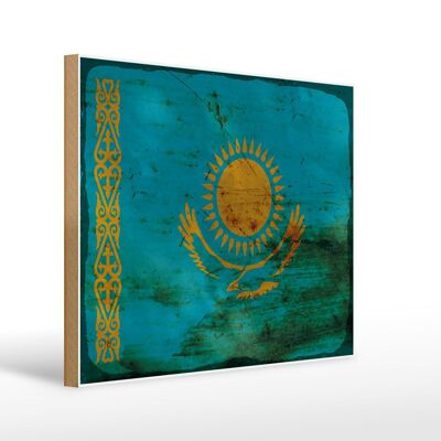Bandiera in legno Kazakistan 40x30 cm Targa decorativa in ruggine del Kazakistan