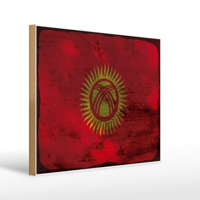 Cartello in legno bandiera Kirghizistan 40x30 cm Cartello decorativo ruggine del Kirghizistan