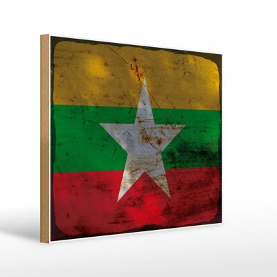 Letrero de madera bandera Myanmar 40x30cm Bandera de Myanmar cartel decorativo óxido