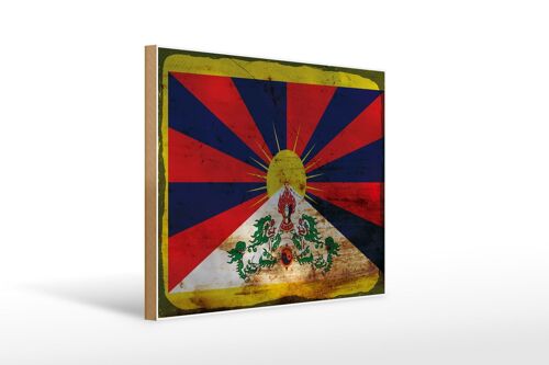 Holzschild Flagge Tibet 40x30cm Flag of Tibet Rost Holz Deko Schild