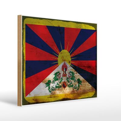 Holzschild Flagge Tibet 40x30cm Flag of Tibet Rost Holz Deko Schild
