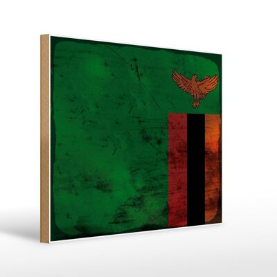 Panneau en bois drapeau Zambie 40x30cm Drapeau de Zambie signe décoratif rouille