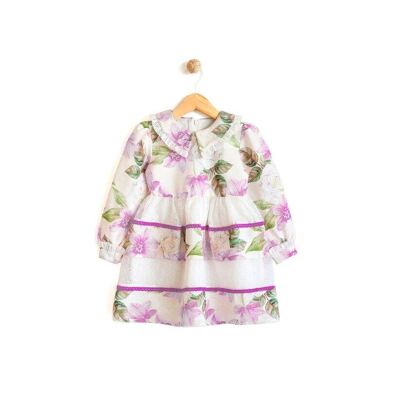 A Pack of Four Sizes Modern Floral Pattterned Fabric & Lace Design Long Sleeve Girl Dress 2-5Y