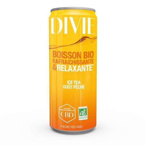 DIVIE Boisson Bio rafraîchissante et relaxante- Eau de source- Ice tea goût Pêche- canette de 250 ml