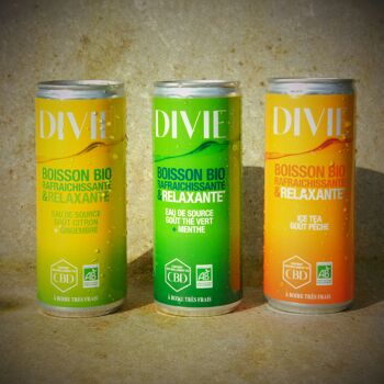 DIVIE Boisson Bio rafraîchissante et relaxante- Eau de source- Ice tea goût Pêche- canette de 250 ml 2