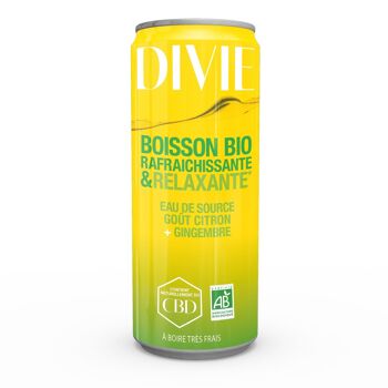 DIVIE Boisson Bio rafraîchissante et relaxante- Eau de source- Citron Gingembre- canette de 250 ml 1