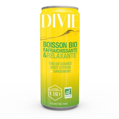 DIVIE Boisson Bio rafraîchissante et relaxante- Eau de source- Citron Gingembre- canette de 250 ml