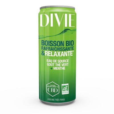 DIVIE Boisson Bio rafraîchissante et relaxante- Eau de source- Goût Thé vert et menthe- canette de 250 ml