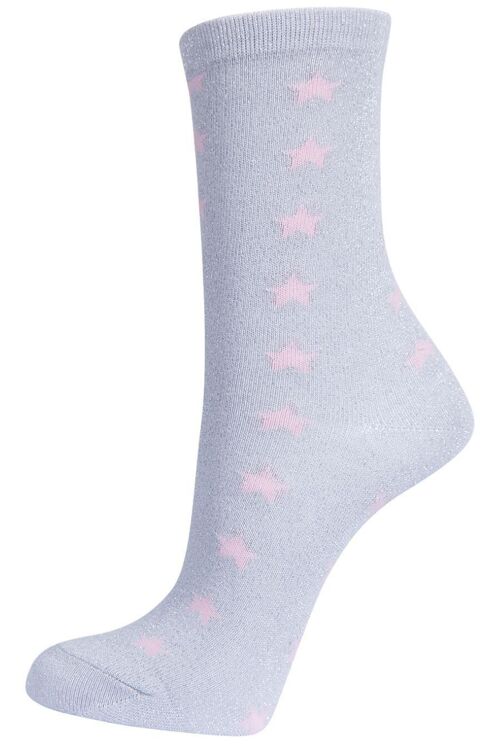 Womens Star Glitter Socks Ankle Sock Shimmer Sparkly Silver Pink