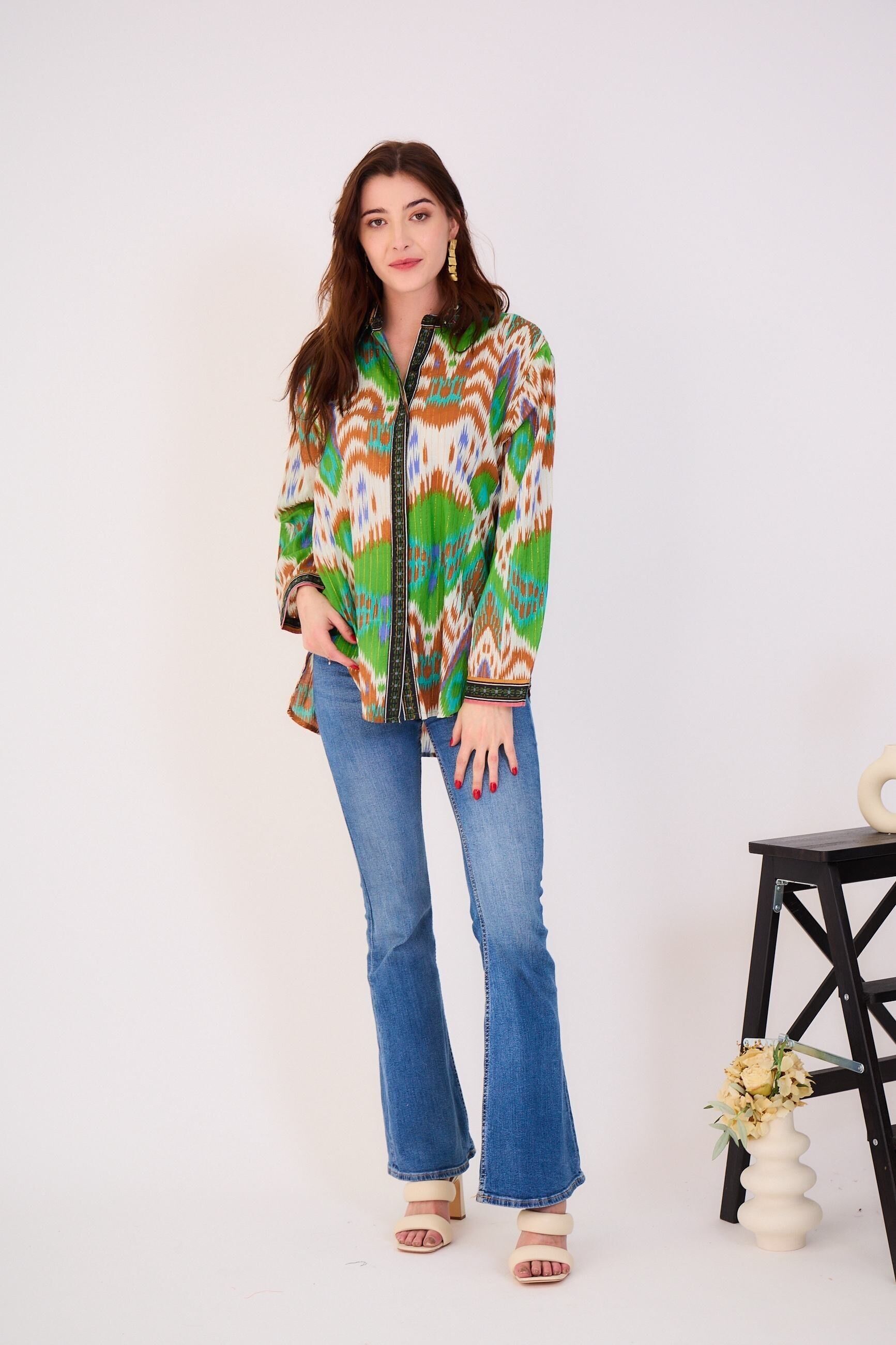 Grün-weißes Bohemian Basic-Shirt - Einheitsgröße - CL252-Lurex-1056