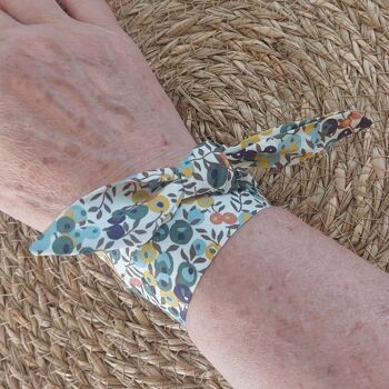 Foulard bracelet femme tissu, bracelet tissu Liberty automne vert, ocre et gris 1