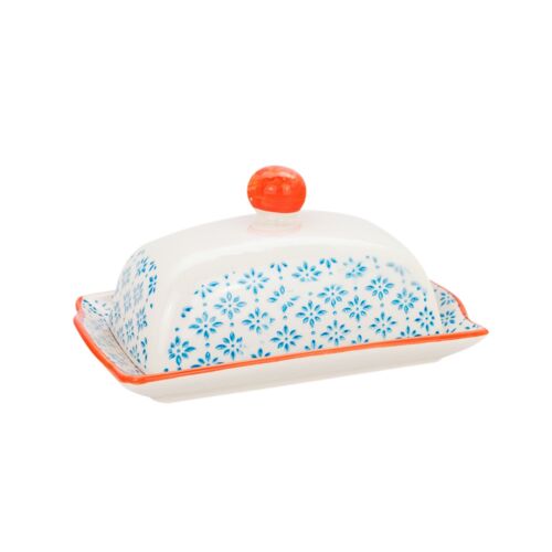Nicola Spring Patterned Butter Dish with Lid - Blue and Orange