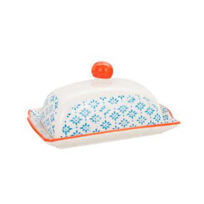 Nicola Spring Gemusterte Butterdose mit Deckel - Blau und Orange