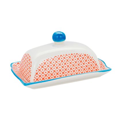 Nicola Spring Patterned Butter Dish with Lid - Orange and Blue