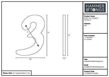 Numéro 3 80 mm Numéro de maison rustique en fonte – Par Hammer & Tongs 5