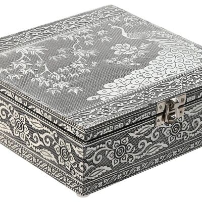 WOODEN ALUMINUM JEWELRY BOX 18X18X6 SILVER PEACOCK JO211644