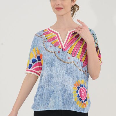 Blue embellished blouse - T-10787-6762
