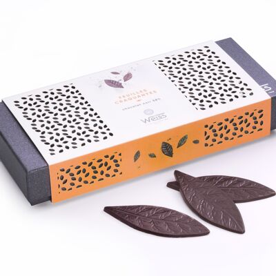 Caja de hojas de chocolate negro, 230 g.