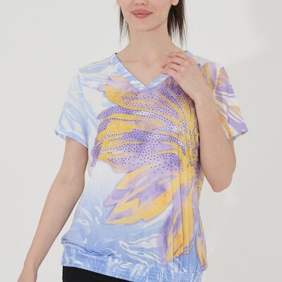 Floral rhinestone print t-shirt - T-10887 -4378