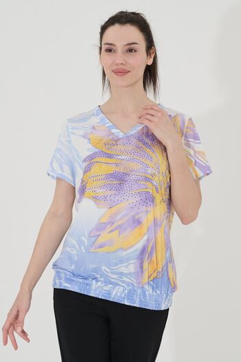 T-shirt imprimé strass fleuri - T-10887 -4378 1