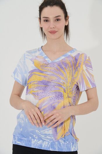 T-shirt imprimé strass fleuri - T-10887 -4378 2