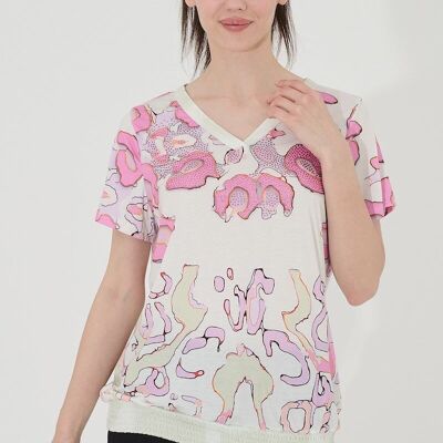 Floral rhinestone print t-shirt - T-10887 -6931