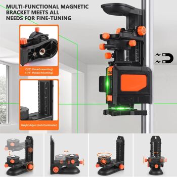 Niveau laser 3 x 360 degrés Outil laser à lignes croisées vertes à nivellement automatique avec télécommande, mode impulsion, base magnétique réglable et batterie Li-ion rechargeable 5200 mAh - SC-L12 9