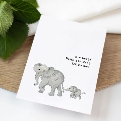 Carte de fête des mères – Meilleure maman | Carte de vœux aquarelle | éléphant