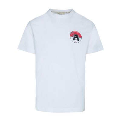Weißes Unisex-Kurzarm-T-Shirt mit Geisha-Kids-Aufdruck aus 100 % Bio-Baumwolle (230 g).
