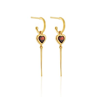 GARNET HEART CHARM HOOP EARRINGS