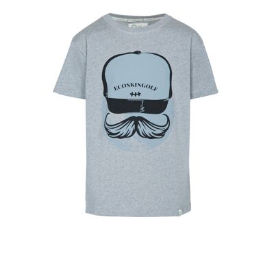 T-shirt in grigio melange modello Walrus kids con stampa baffi PrintGolf Ball sul petto in cotone organico al 100% da 230 gr