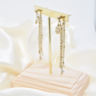 Pearl earrings with chain linked to stainless steel tip - BO100234