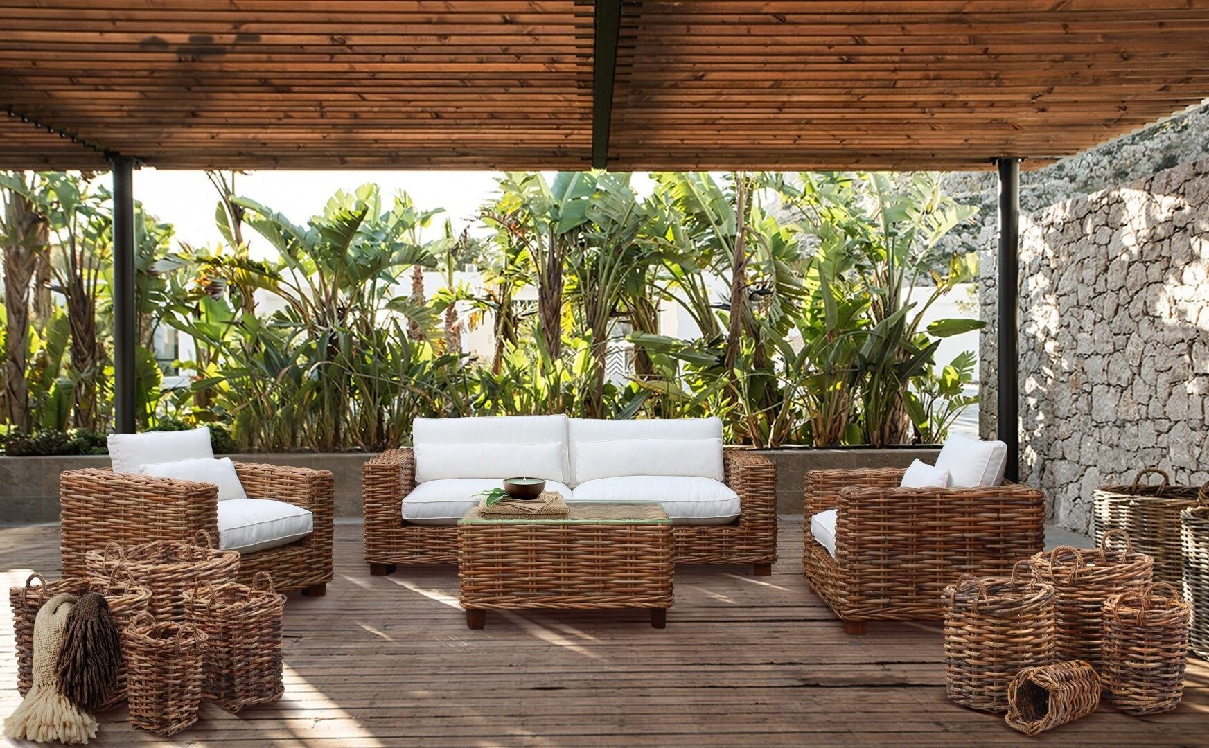 DIVANO SET 4 RATAN 220X98X64 COMPRESO CUSCINI MB213832