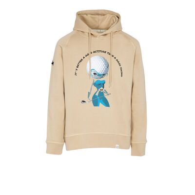 Printed long-sleeved sand-colored hooded sweatshirt in 100% organic cotton