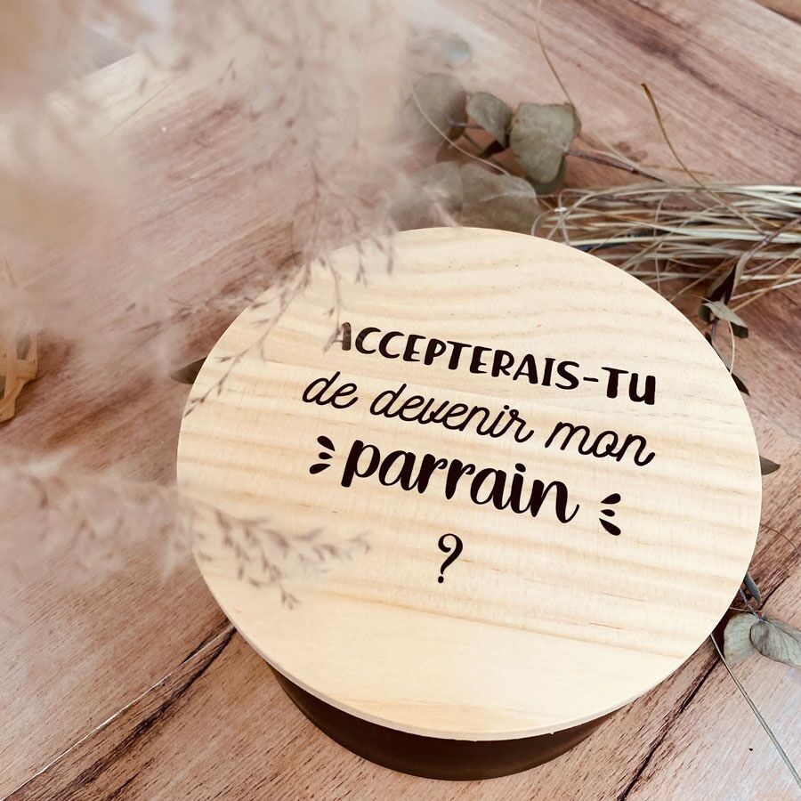 Solicitud de padrino - Vela negra perfumada - Tapa de madera personalizada para padrino
