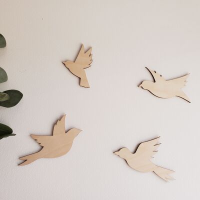 Lot de 4 oiseaux en bois - décoration murale - 3 tailles
