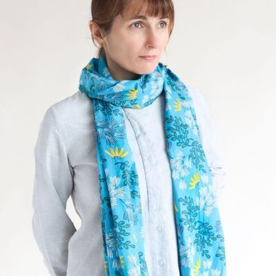 Bufanda 100% algodón orgánico / Flores Finas - azul