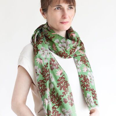 Scarf 100% organic cotton / Fine Flowers - green