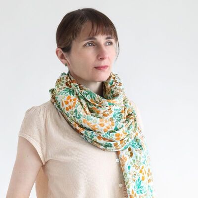 Scarf 100% organic cotton / Lily - green / brown