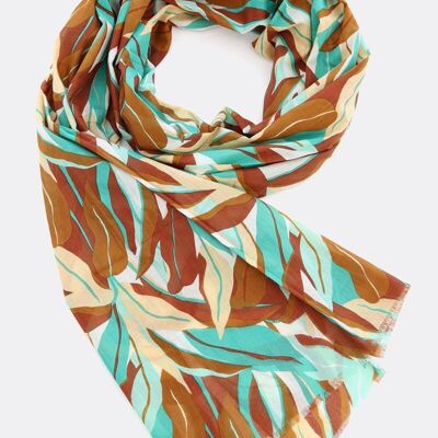 Scarf 100% organic cotton / Big Leaves – turquoise / brown