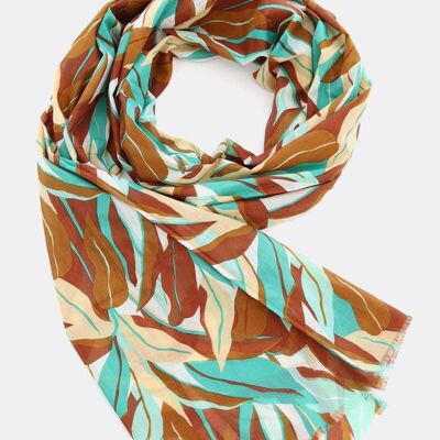 Scarf 100% organic cotton / Big Leaves – turquoise / brown