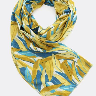 Scarf 100% organic cotton / Big Leaves – blue / olive