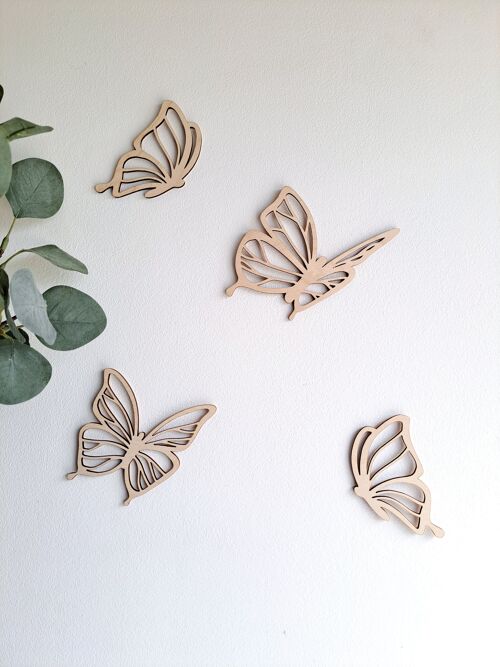 Lot de 4 papillons en bois - décoration murale - 3 tailles