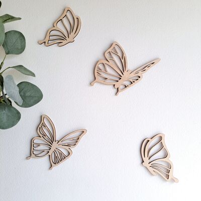 Conjunto de 4 mariposas de madera - decoración de pared - 3 tamaños