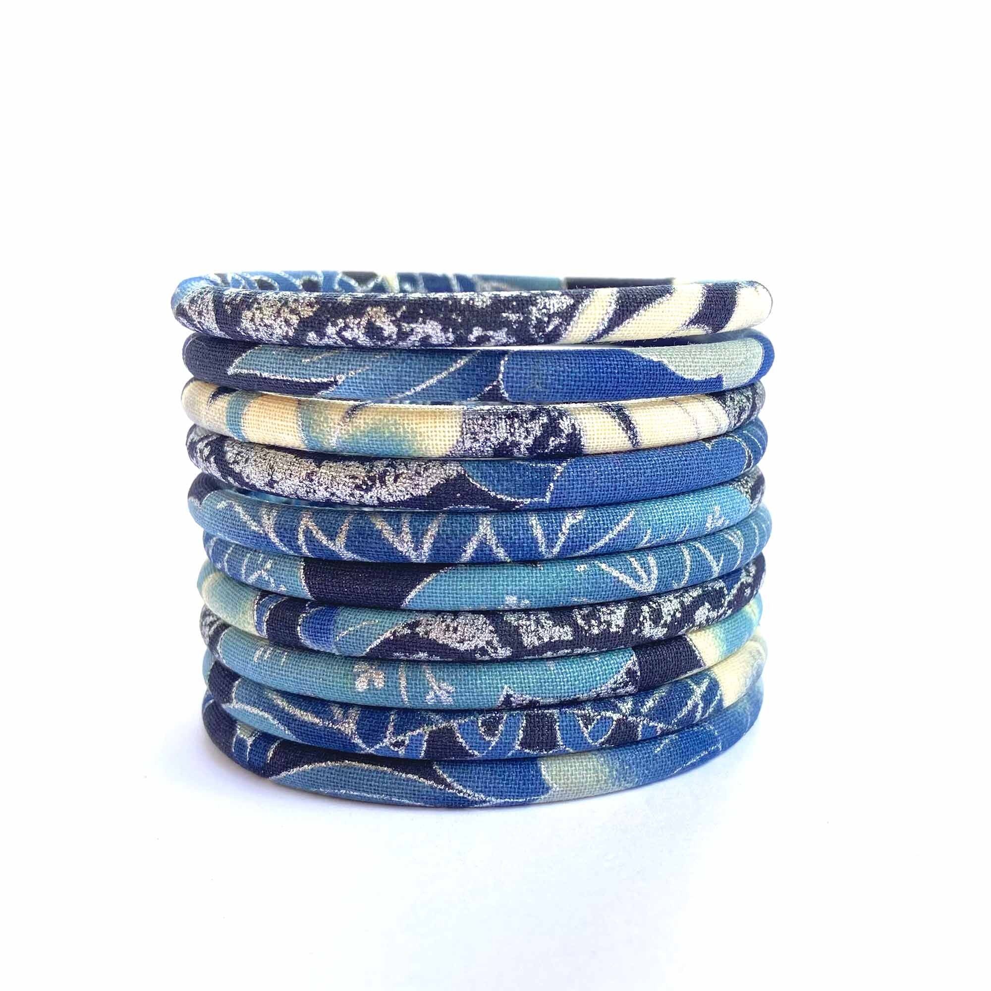 Bracelet jonc Japonais grue bleu argenté